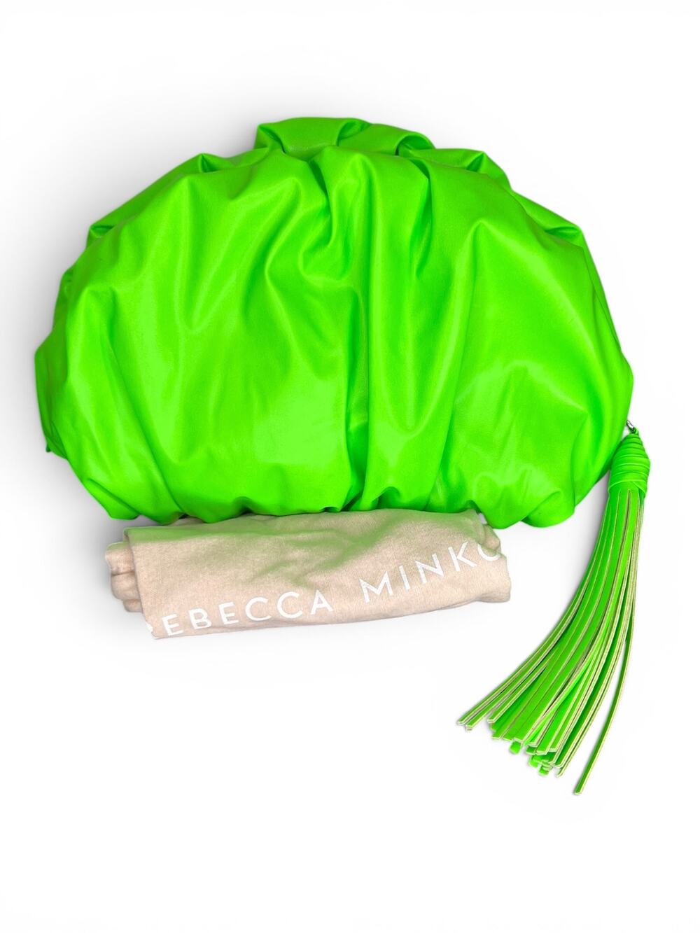 NWT Rebecca Minkoff Neon Green Ruched Clutch Faux Leather Tassel Zip Bag